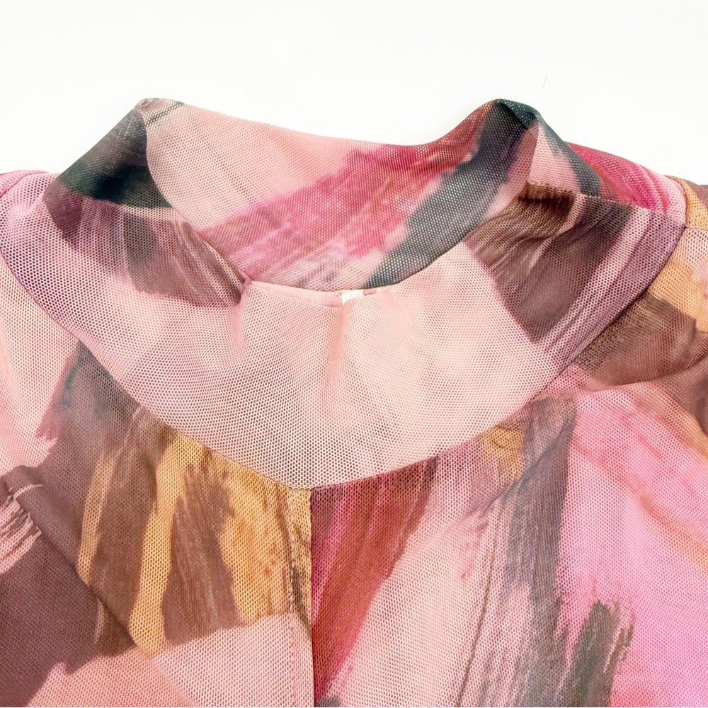 Anthropologie Long Sleeve Printed Mesh Midi Maxi Dress Ruched Mock Neck - Picture 8 of 16